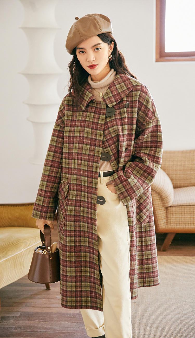伊芙丽毛呢外套2021年新款秋装复古格子学院风长款双面呢大衣女 胭脂