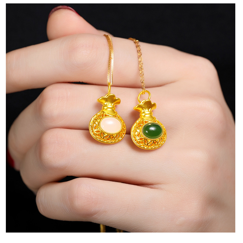 妙灵阁金镶玉和田玉吊坠绳女999足金平安扣项链挂坠送妈妈三八女神