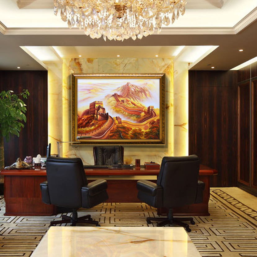 拓柳轻奢高端纯手绘油画装饰画金色万里长城领导办公室挂画山水画中式