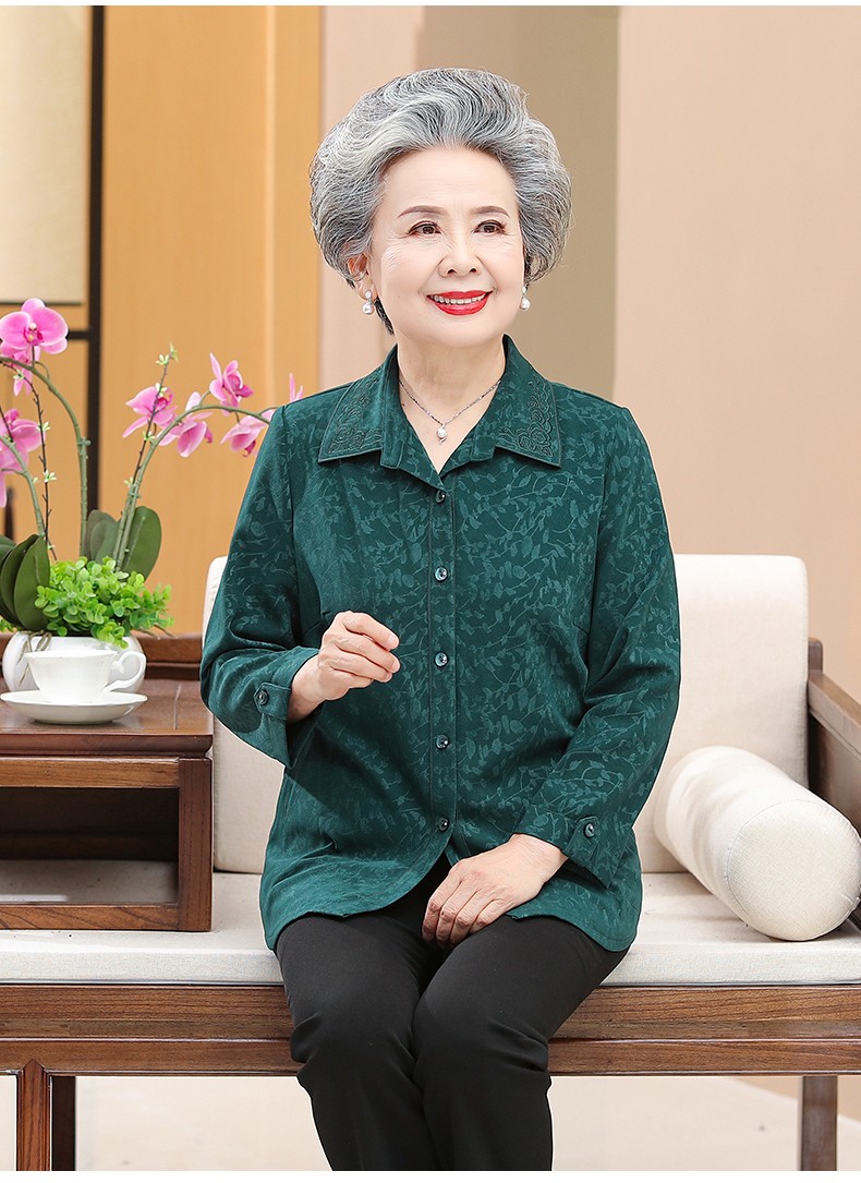 衬衫长袖60岁70老年人女妈妈装衬衣老太太上衣服绿色上衣l建议8095斤