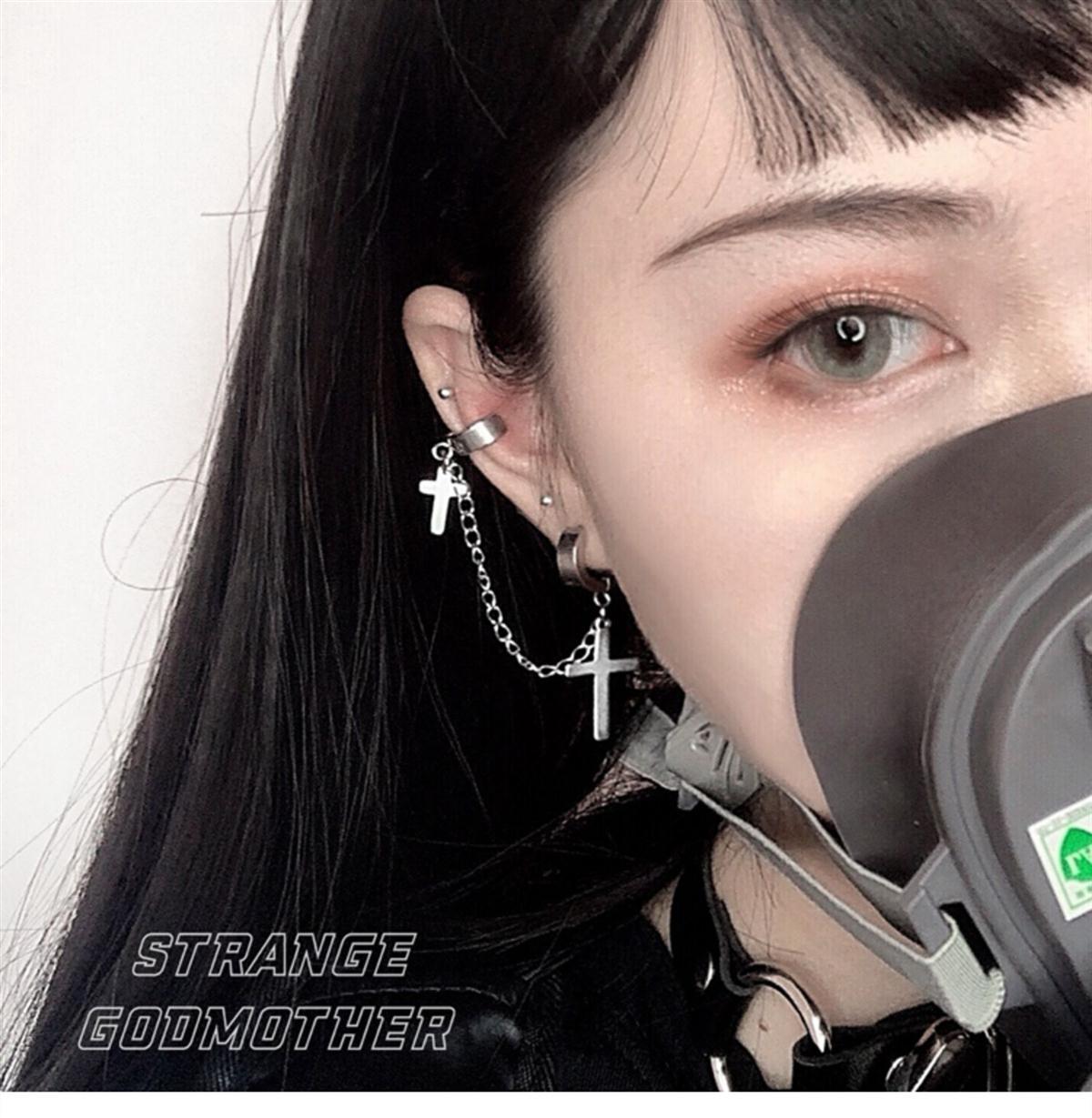 十字架耳夹无耳洞女酷帅暗黑冷淡风链条耳骨夹耳环黑暗朋克饰品潮