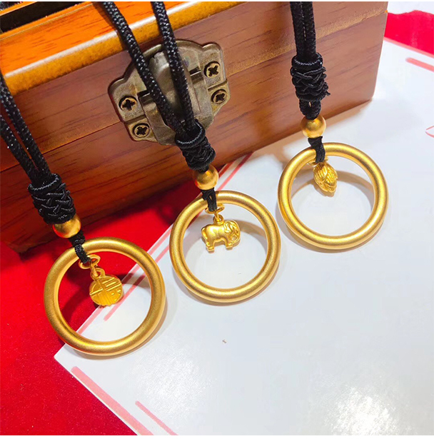 妙灵阁古法金吊坠女款黄金坠子挂绳足金圆环挂坠黑色项链高档毛衣链长