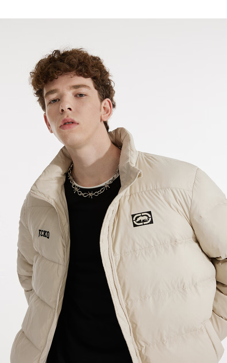 ecko犀牛潮牌羽绒服情侣款2021冬装新款潮流拼接印花外套短款白鸭绒