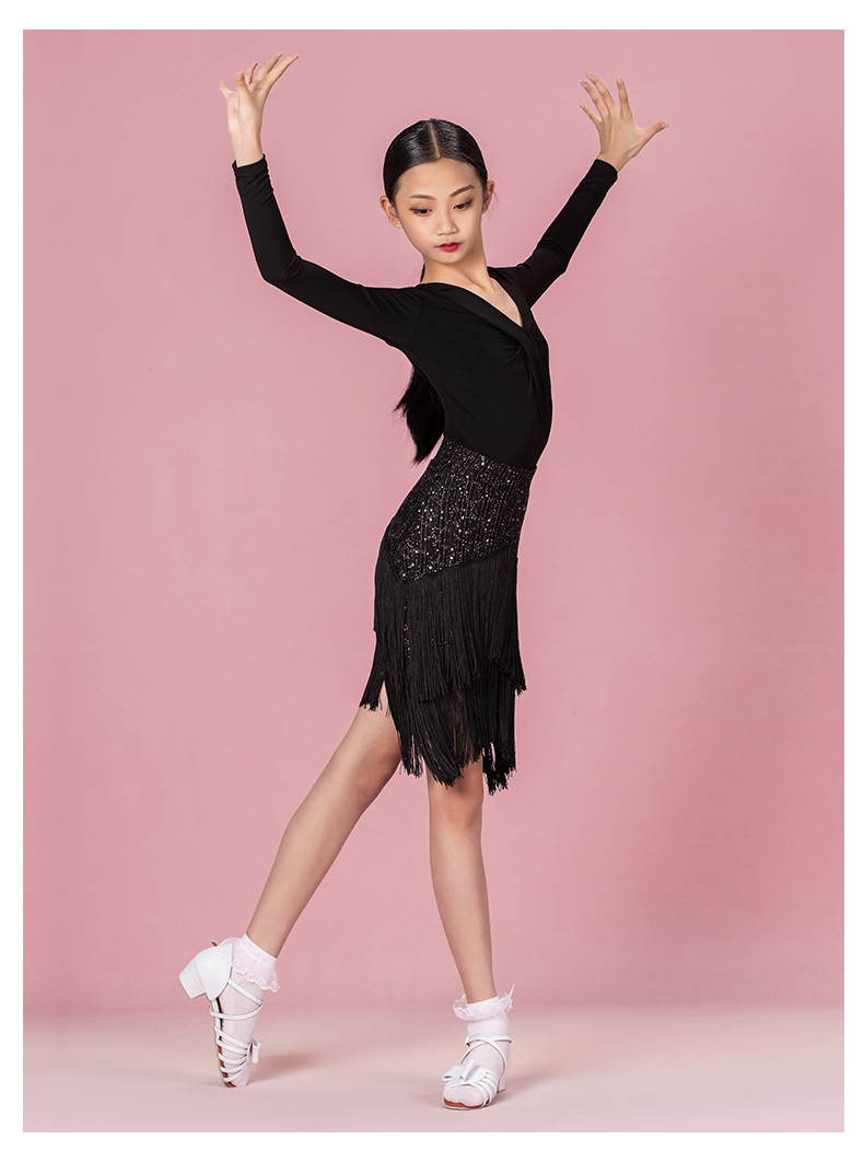 儿童舞蹈服连体衣秋冬季演出服上装服女童长袖练功服黑色单独上衣连体