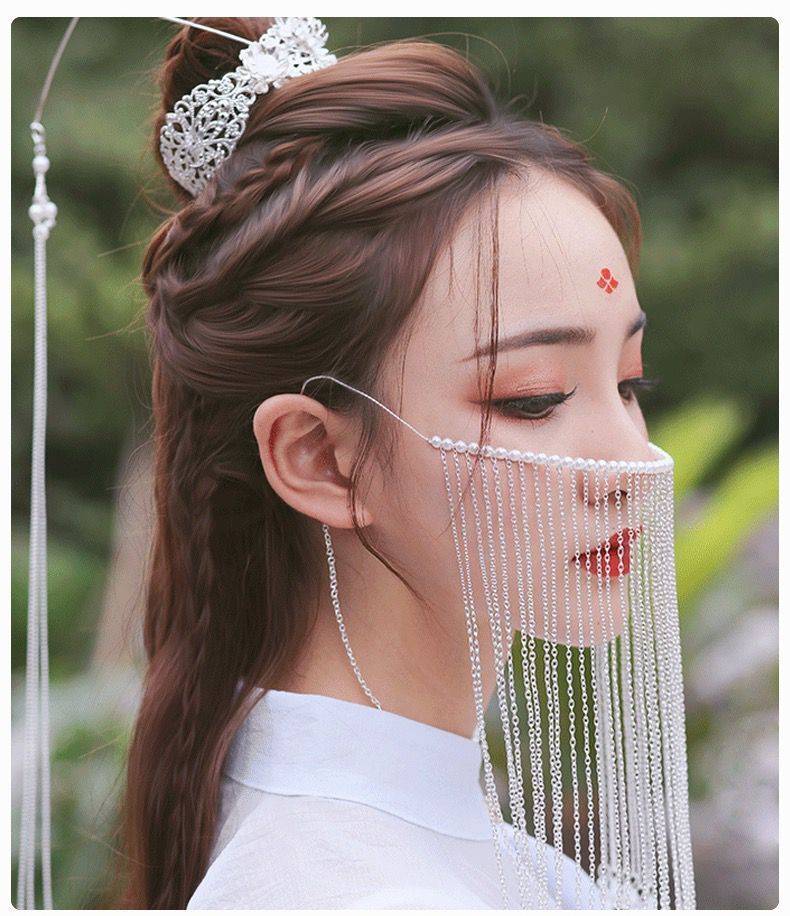 hnxc新品面纱古风汉服古装头饰漂亮古风流苏遮面帘新款