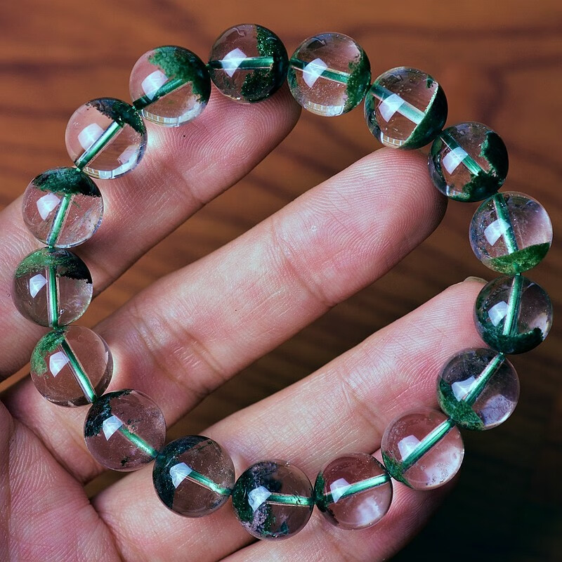 东海水晶 顶妃 绿幽灵手串 男女款一物一图聚宝盆 千层沙满绿绿水晶