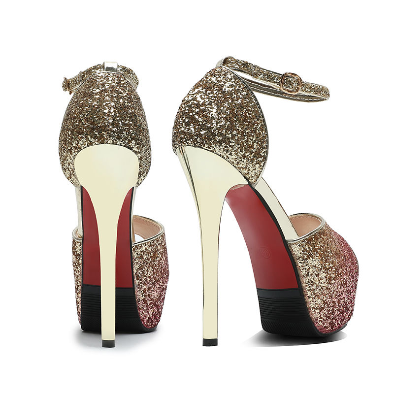 舞超高跟鞋模特走秀鞋鱼嘴凉鞋女14cm防水台细跟恨天高工作鞋 金色 39