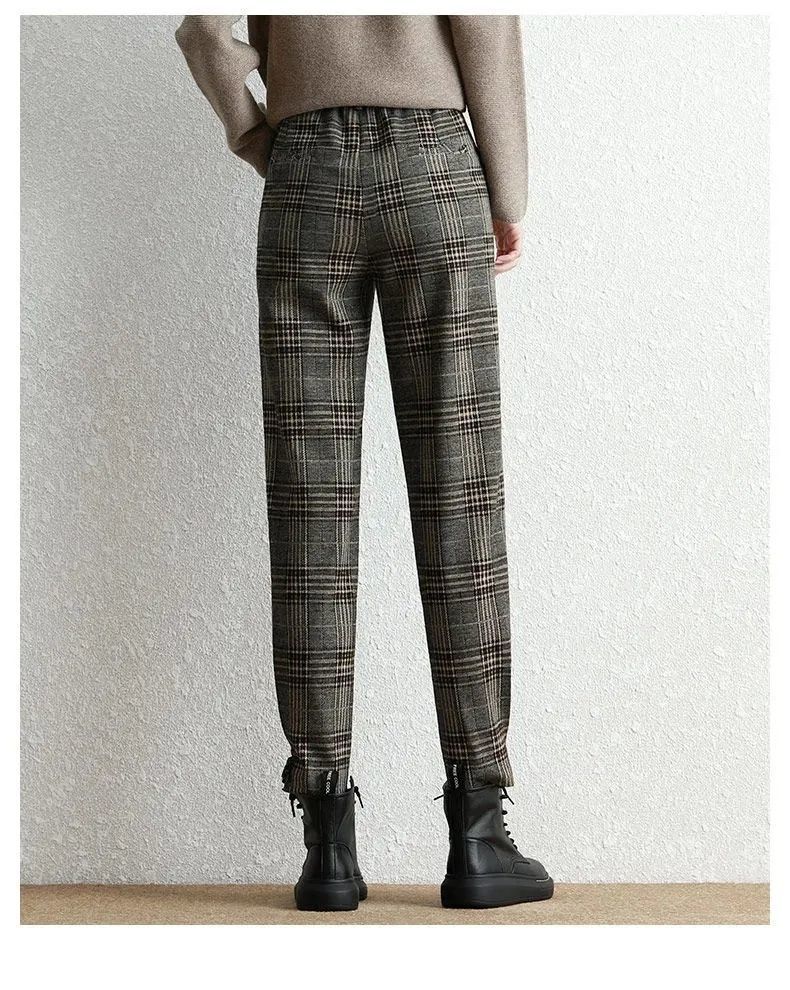 春秋格子裤女毛呢哈伦裤女裤子休闲萝卜裤显瘦高腰工装裤裤灰格子m
