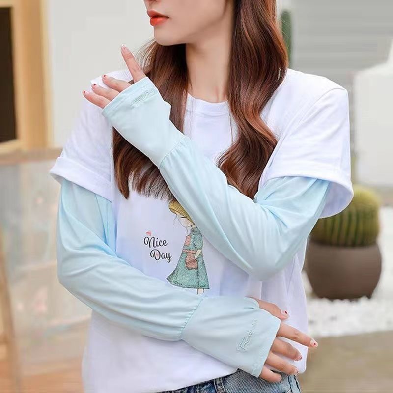 防嗮袖套夏季宽松防晒袖套女开车骑行肘部防护手臂套绣花露指灯笼袖套