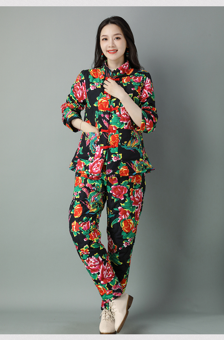 品牌同款网红东北大花布衣服棉衣棉裤套装冬加厚盘扣民族风棉袄夹棉两