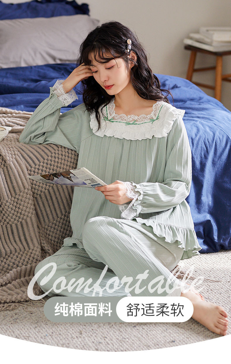 千奈美睡衣女秋冬季纯棉长袖简约套头全棉家居服可外穿春秋款套装黄m