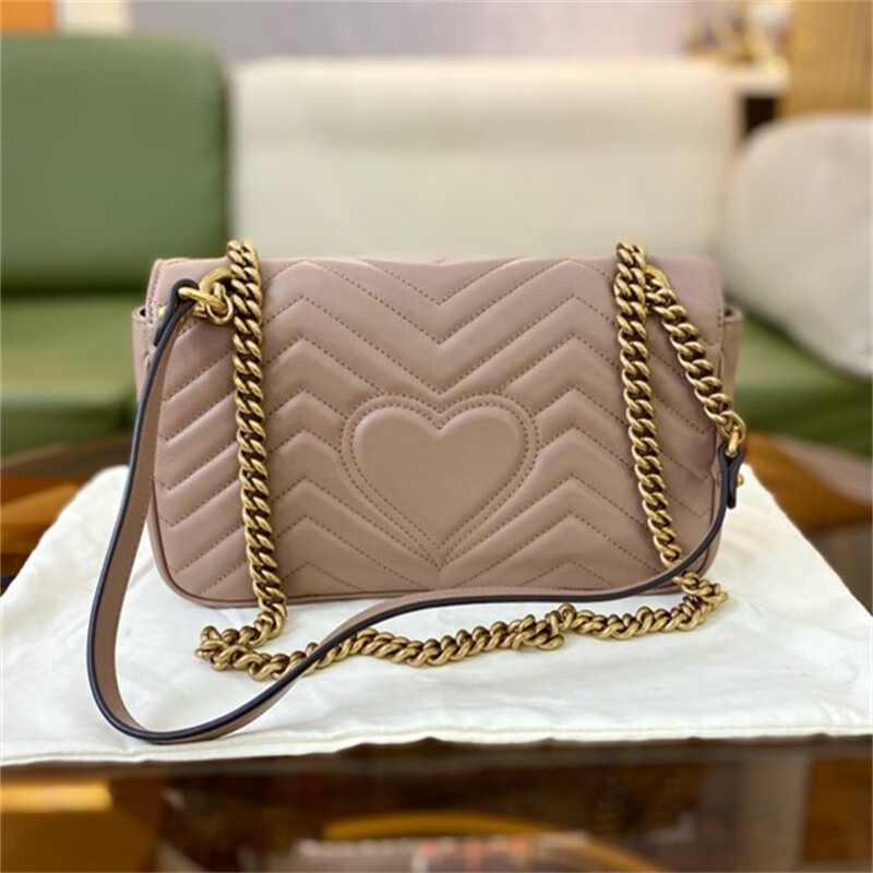 二手99新古驰guccimarmont26奶茶色女士单肩包斜挎包链条包99新单肩斜