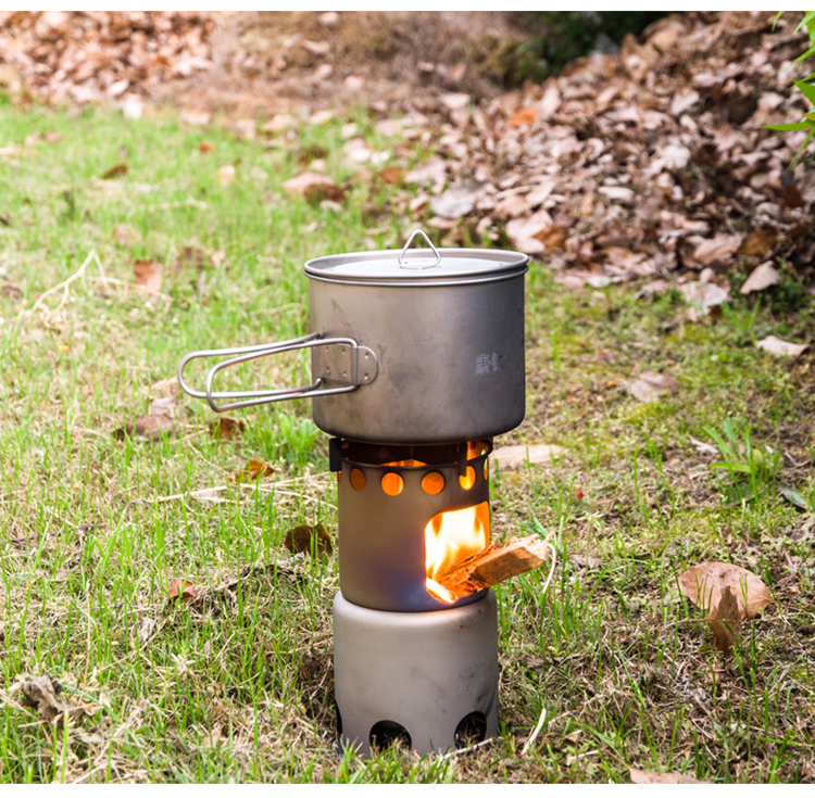 康钛纯钛户外柴火炉便携野营柴火炉子可拆卸野炊炉具小型木炭炉银色