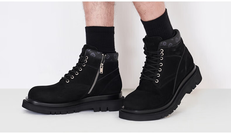trendiano官方潮牌秋冬男鞋时尚简约百搭牛反绒高帮绑带休闲鞋男黑色