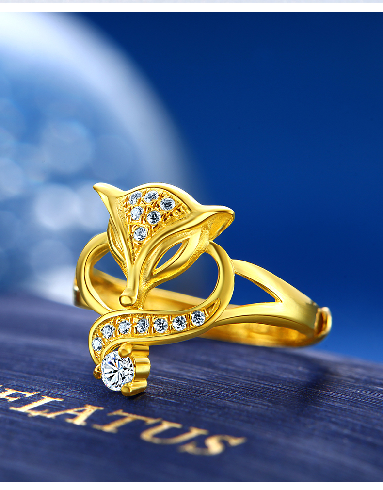 黄金女戒开口999足金九尾狐指环 狐狸足金多钻戒指(镶嵌白锆石)【图片