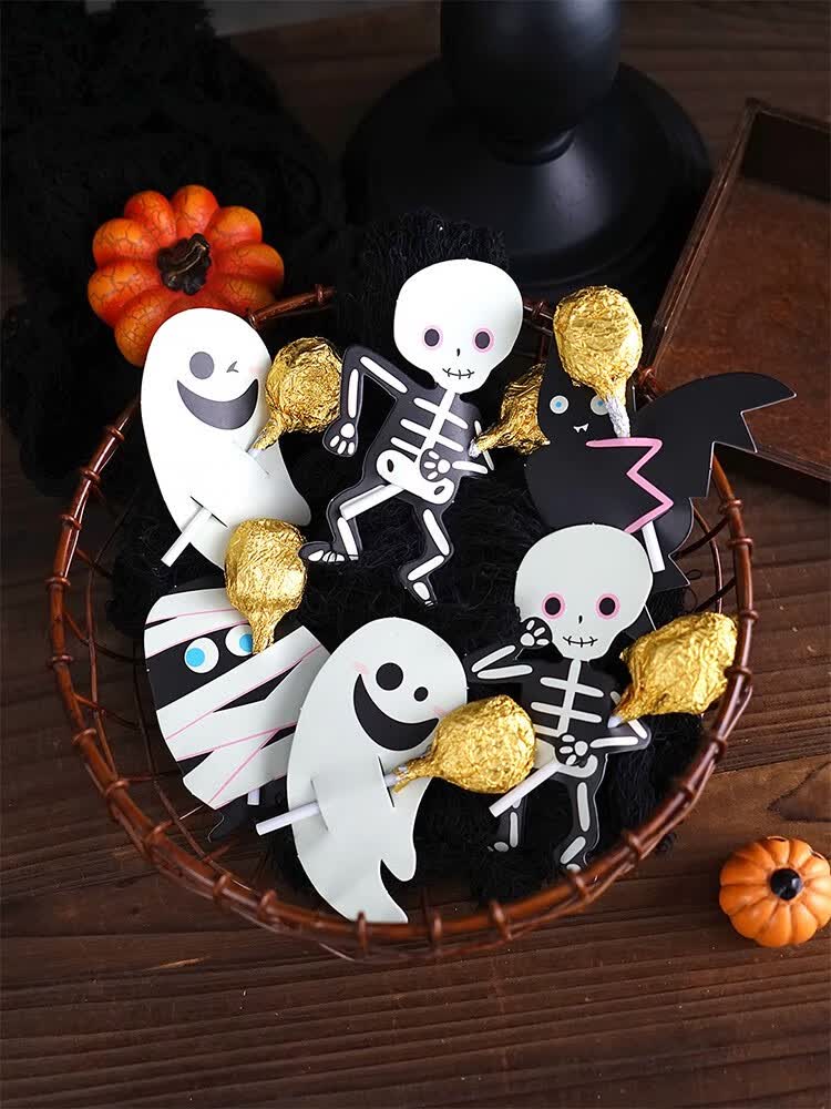 万圣节棒棒糖卡纸装饰卡骷髅蝙蝠包装卡纸幽灵造型插卡小朋友糖果 混