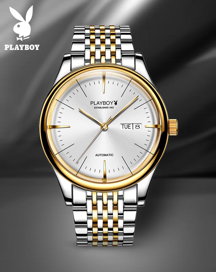 花花公子playboy欧美表手表男机械男表商务简约百搭时尚双日历男士全