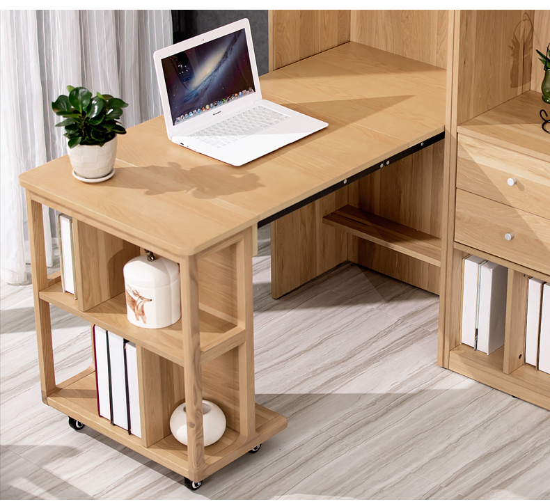 一体家用简约实木电脑桌写字台拐角床边书架上翻折叠书桌柜原木色否