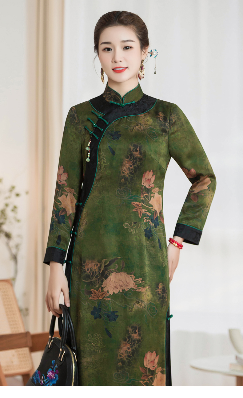 华族经典春季真丝香云纱旗袍桑蚕丝高端气质高贵长款长袖 130衣长 xl