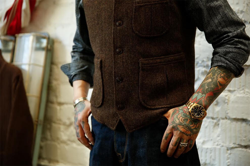 品牌男装复古猎装马甲精纺粗花人字呢男士马夹秋冬欧美西部牛仔西装背