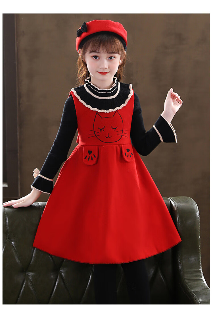女童套装裙秋冬新款儿童连衣裙韩版中国红可爱中大童两件套裙子适合3