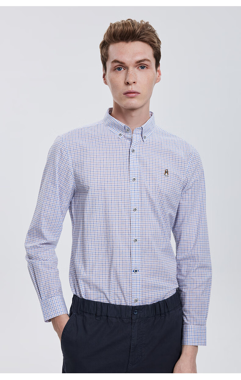 hushpuppies暇步士男装2022春全棉撞色小方格长袖衬衫pa22102d045中蓝