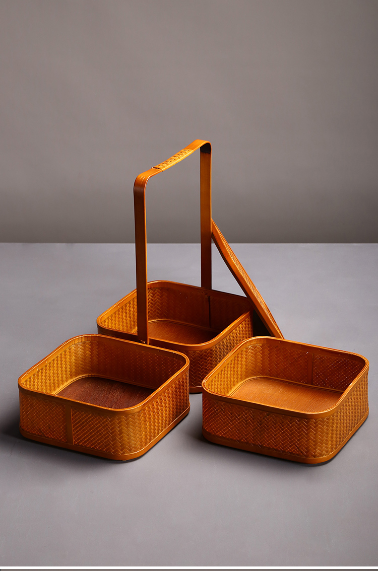 上坟用食盒竹编提篮收纳日式双层水果点心果盘宫廷食盒影视道具复古风