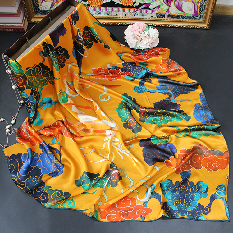 敦煌飞天祥云中国风真丝丝巾素缎110大方巾杭州礼品披肩围巾女士敦煌