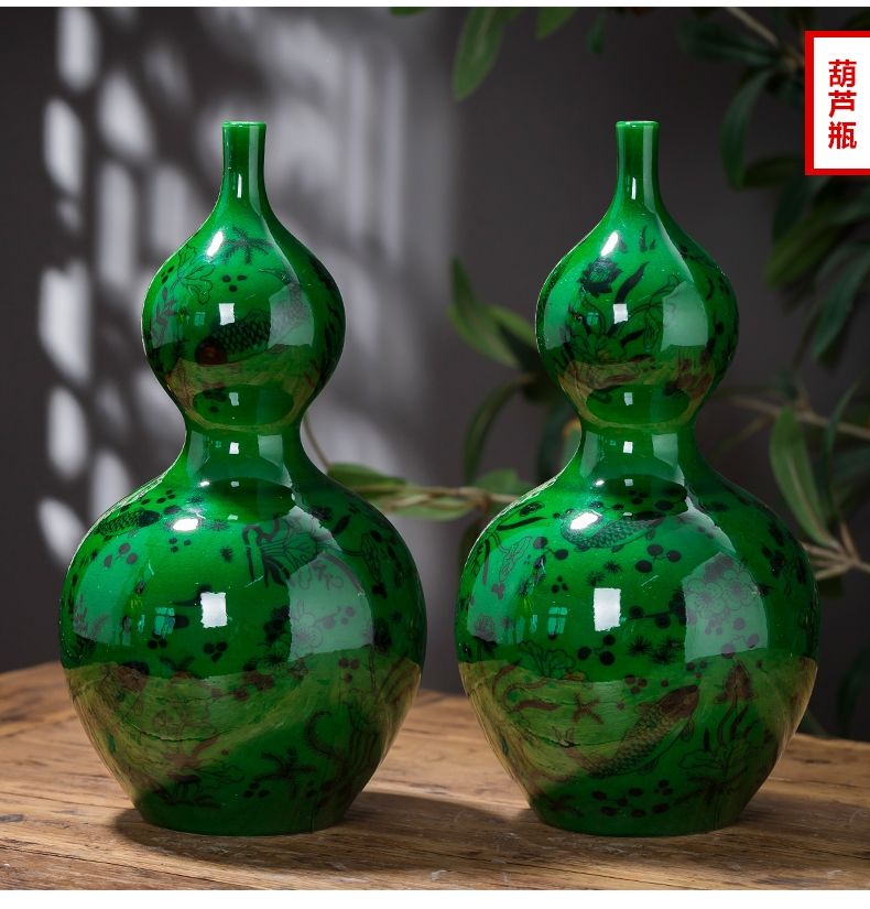 陶瓷花瓶手工翡翠绿创意插花摆件新中式家居客厅装饰品摆设翡翠绿双耳