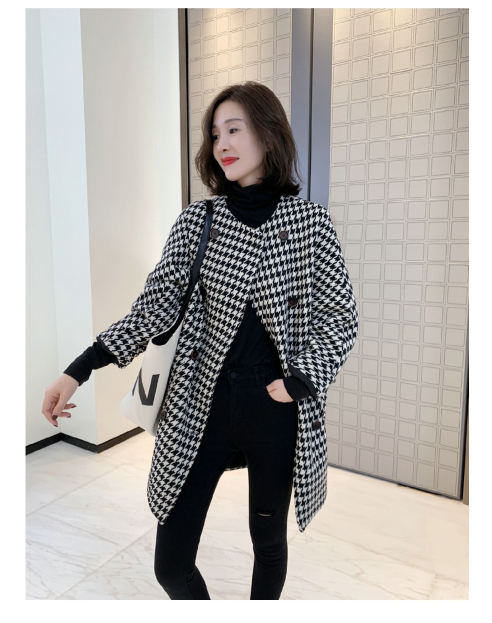 千鸟格呢子外套女中长款欧洲站2021秋冬新款欧货圆领格子毛呢大衣