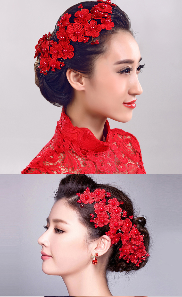 zhangu中式盘红色头花新娘饰带旗袍走秀头饰结婚红色秀禾服饰韩版水晶