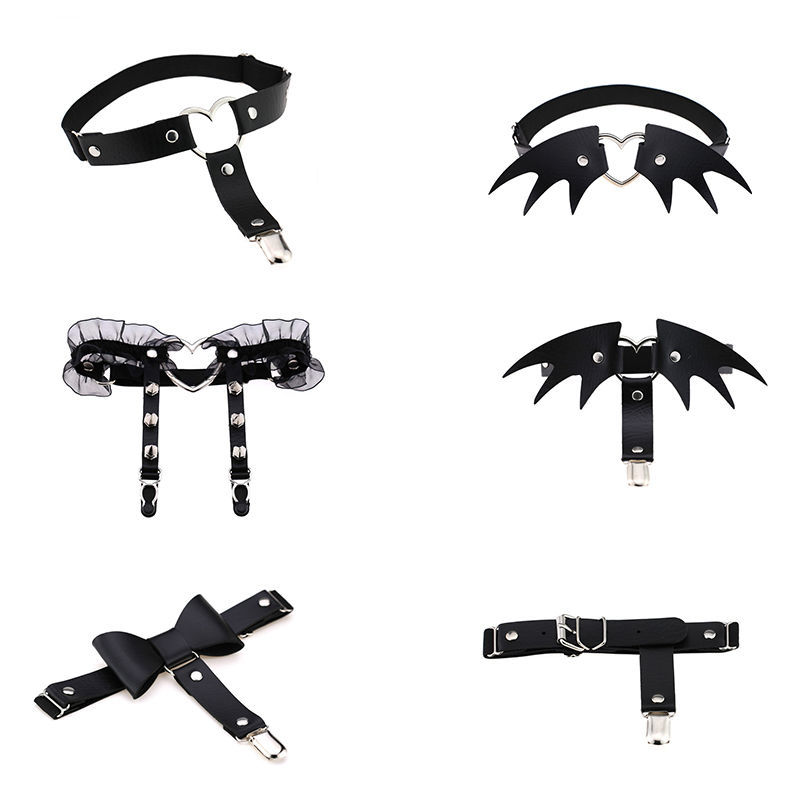 dicify新品腿环女性感个性街拍腿圈吊袜带皮爱心黑色腿链学生饰品加长