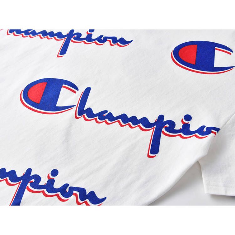 champion美版冠军满印短袖t恤白色草写印花logo男女情侣同款宽松圆领