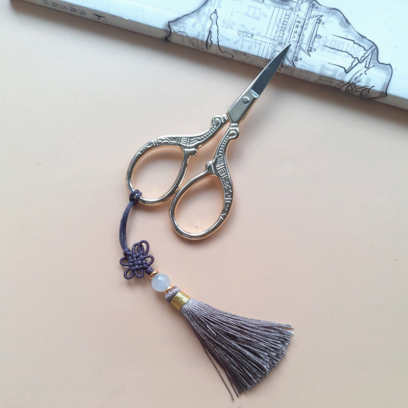 创意茶叶袋手工刺绣纸艺小剪刀小巧锋利中国风剪子金色小凤剪流苏随机