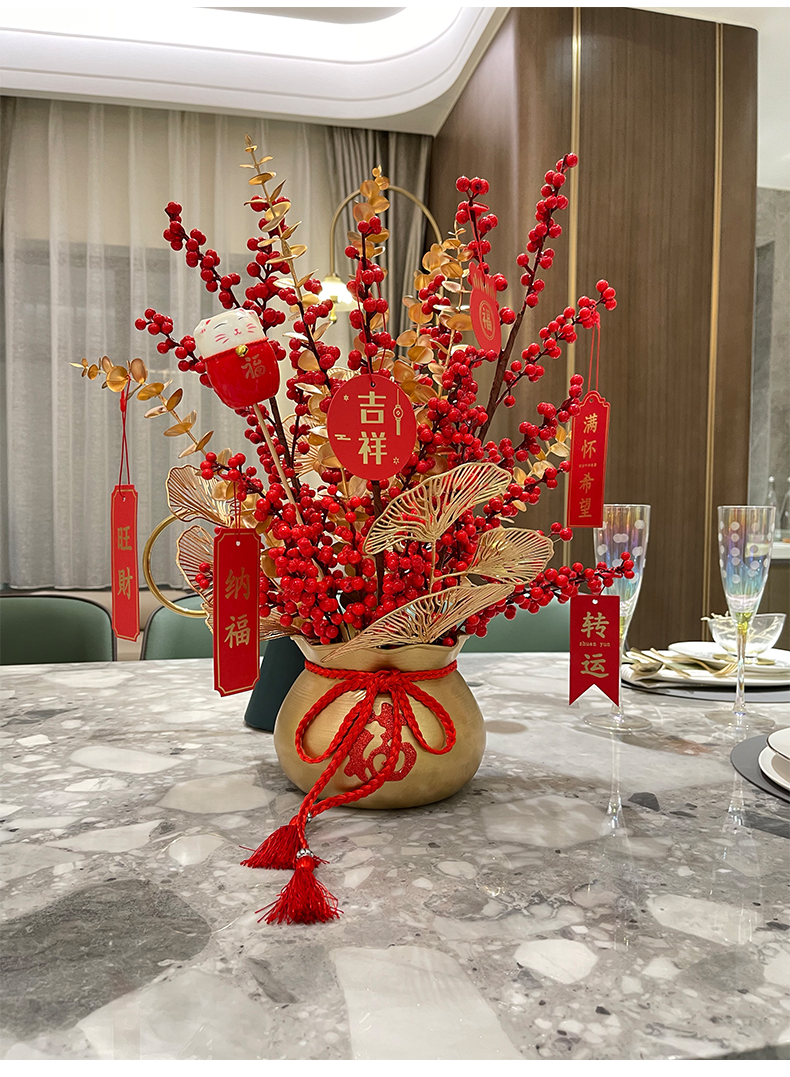 wo仿真花发财果福袋花艺结婚乔迁高档礼品结婚开业轻奢礼品客厅电视柜