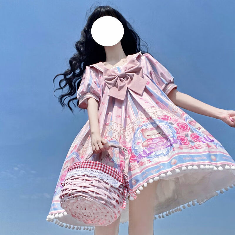 唤伊lolita甜熊罐头洛丽塔洋装可爱海军领jk短袖连衣裙粉色飞机盒m