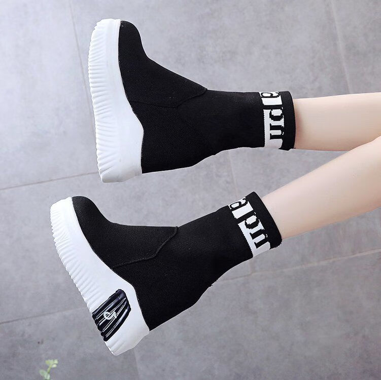 木林森(mulinsen)时尚防水台春秋针织单鞋高坡跟中筒袜靴弹力马靴12cm