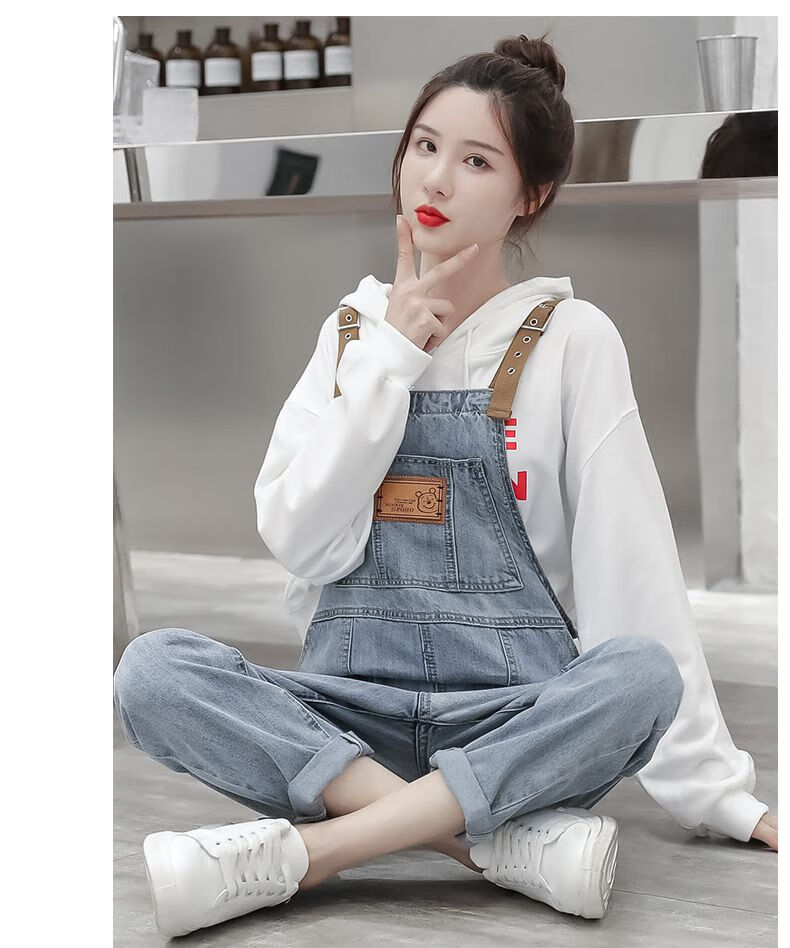 青少女学生年秋冬季新款直筒牛仔背带裤女生韩版洋气小清新吊带裤套装