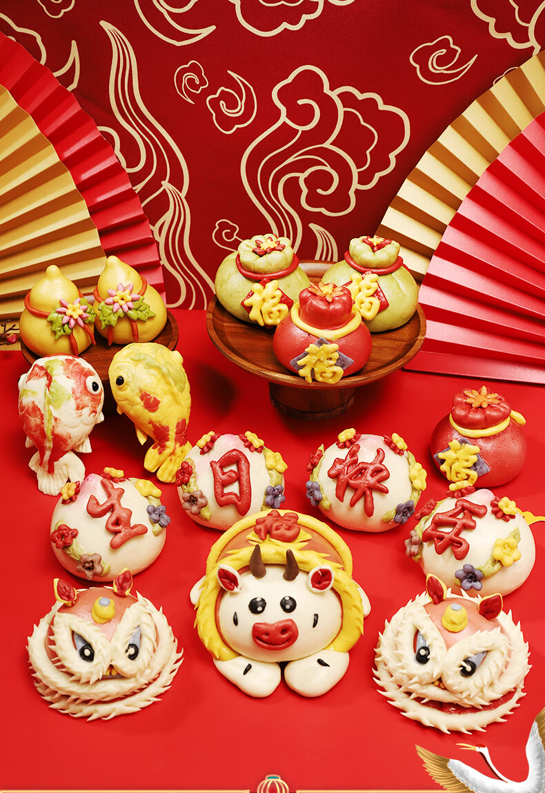 宝宝周岁生日馒头百天抓周百岁场景布置醒狮胶东花馍饽饽馒馒来 福牛