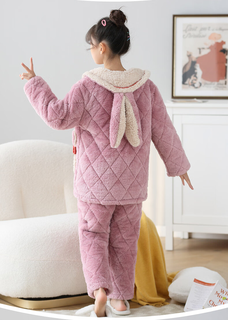 噜噜牛冬季女童睡衣三层夹棉加厚女大童珊瑚绒儿童家居服81237橙色155