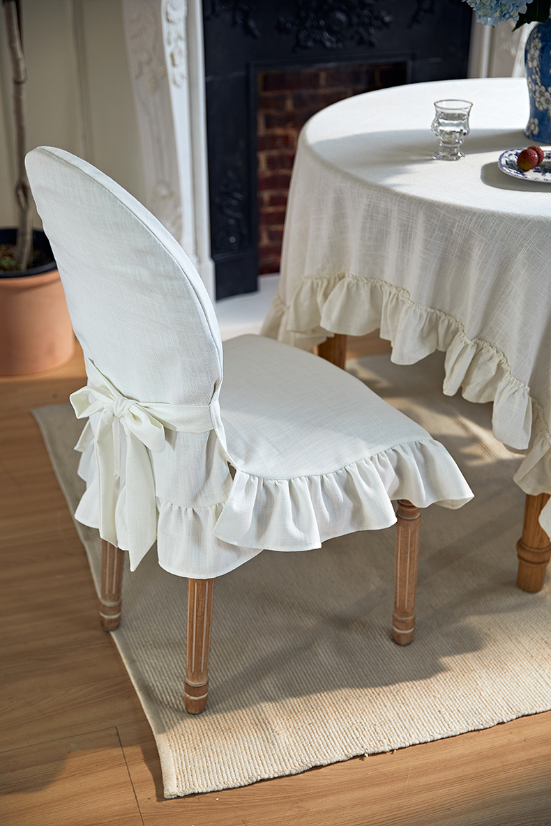 法式餐椅套罩棉麻荷叶边宫廷风高级餐厅椭圆形靠背布椅套椅垫一体驼色