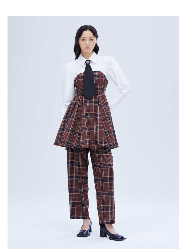 revan芮范2021冬季设计师款复古学院风拼色领带连衣裙花色s36