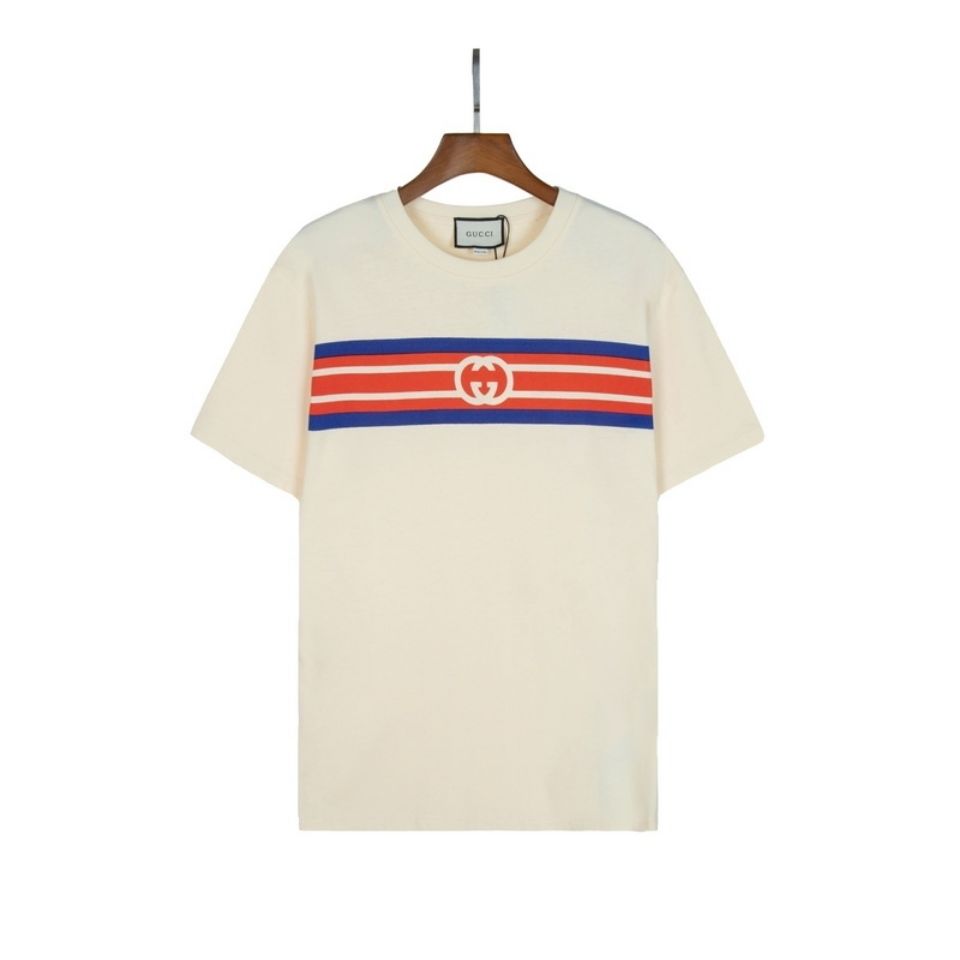 经典款高品质酷奇上衣2022夏款新款g家互扣式双条纹印花三色条纹半袖