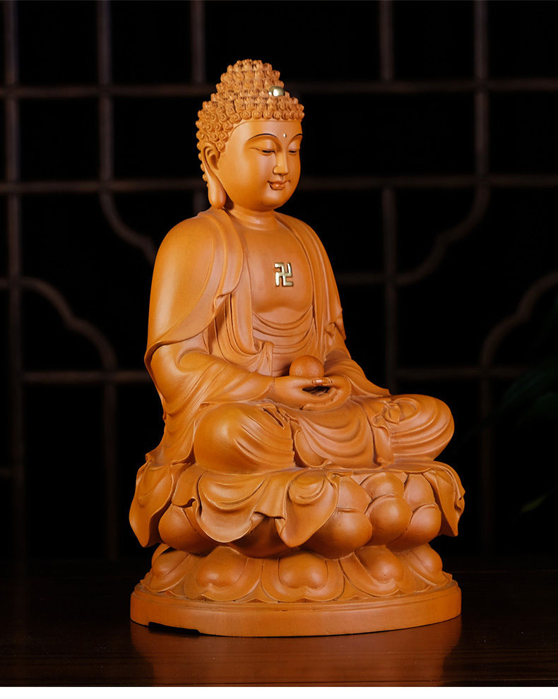 美其美纳香樟木雕释迦牟尼阿弥陀佛像神像供奉家用客厅摆件三宝佛佛像