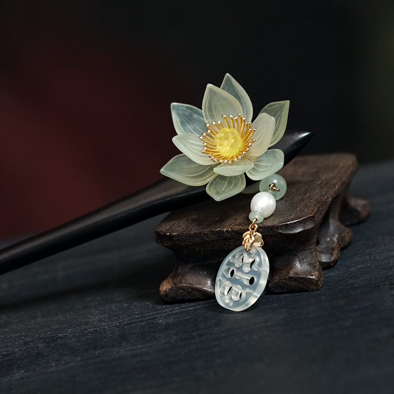 莲花发簪古风步摇流苏黑檀木汉服头饰手工民族风日常简约现代盘发 莲