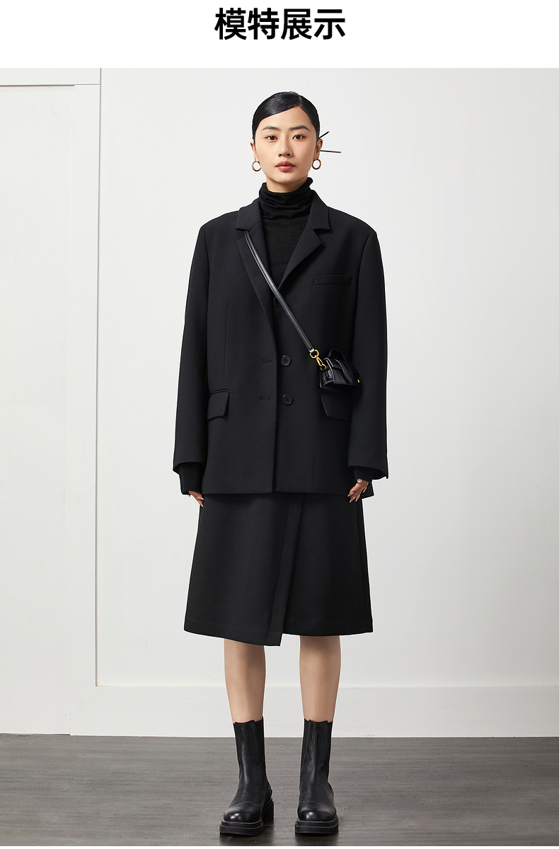 ott商场同款2021冬新品原创轻奢黑色垫肩西装外套女os1700705纯色黑色