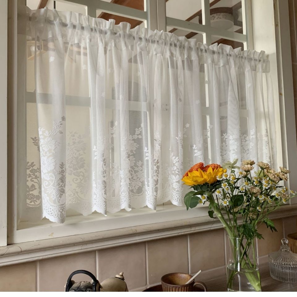 美式田园蕾丝魔术贴半帘短帘门帘厨房飘窗帘窗纱帘成品免打孔轻奢