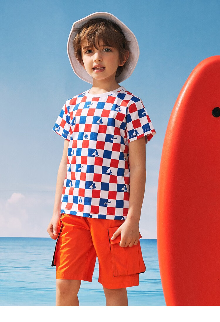 chiaus雀氏童装男童格子t恤儿童短袖t恤2022年夏季新款帆船男孩上衣潮