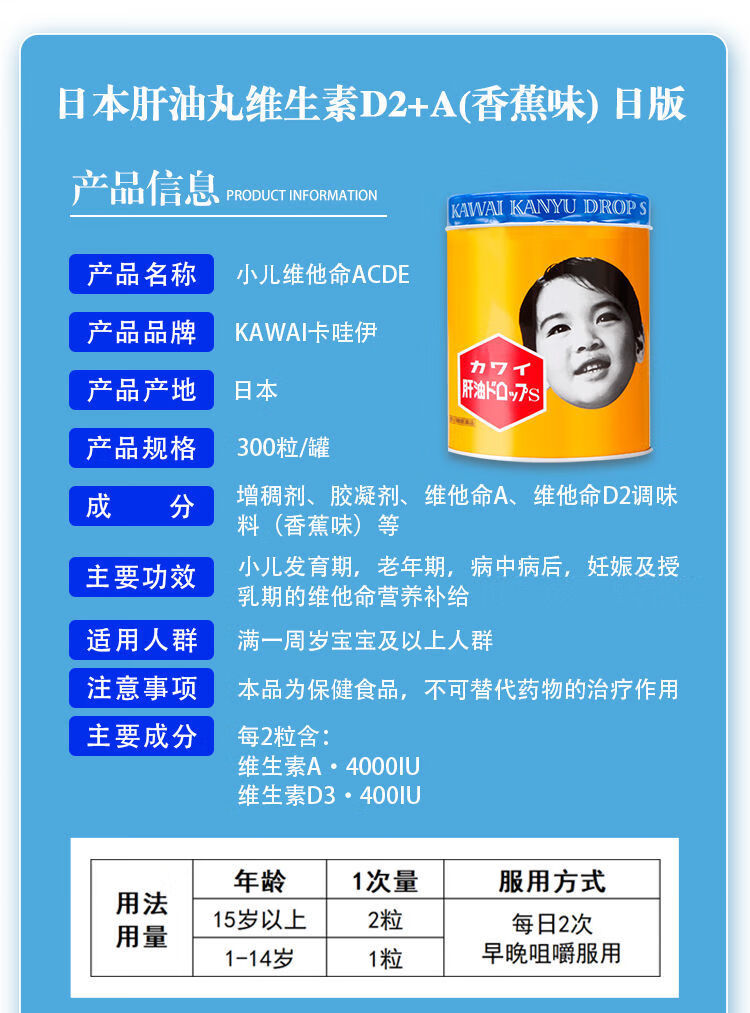 【日本直郵】卡哇伊 KAWAI 可咀嚼魚油肝油丸 維生素D+A 300粒(香蕉味)
