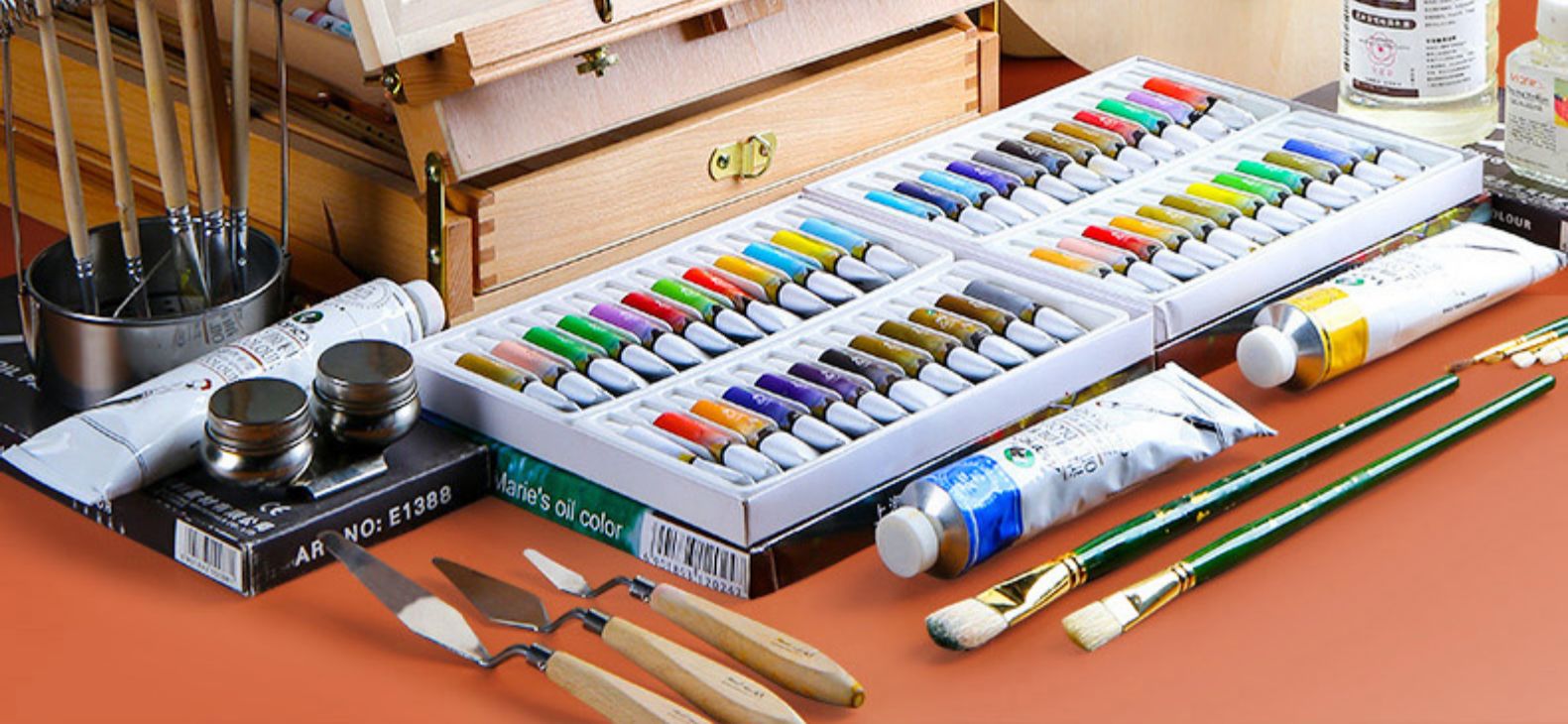 工具油画用品全套材料带画架50ml31件套配7件桌面画架画板油画纸24色